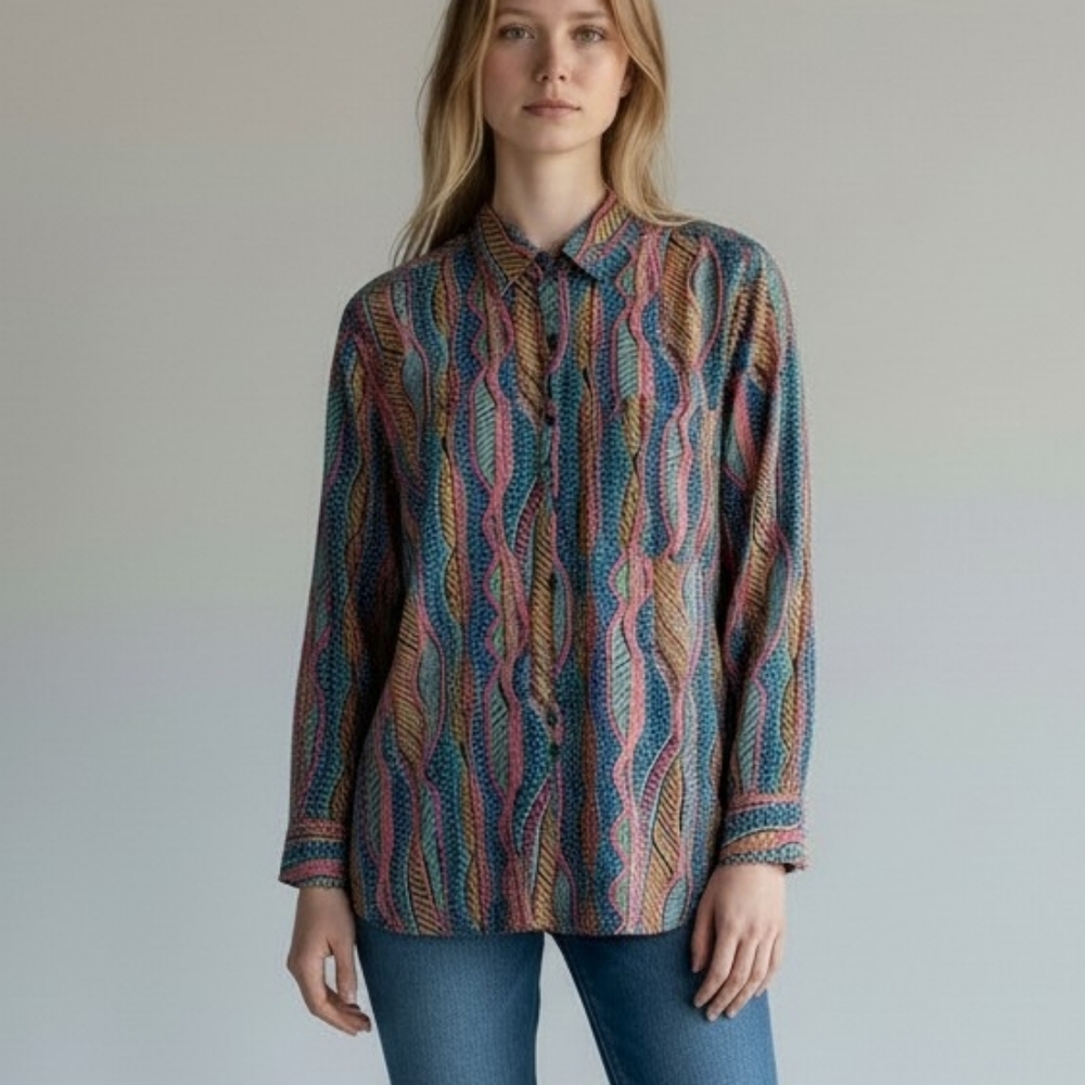 Vintage Impact 100% Silk Multicolor Button-Up Shirt Women Size Large